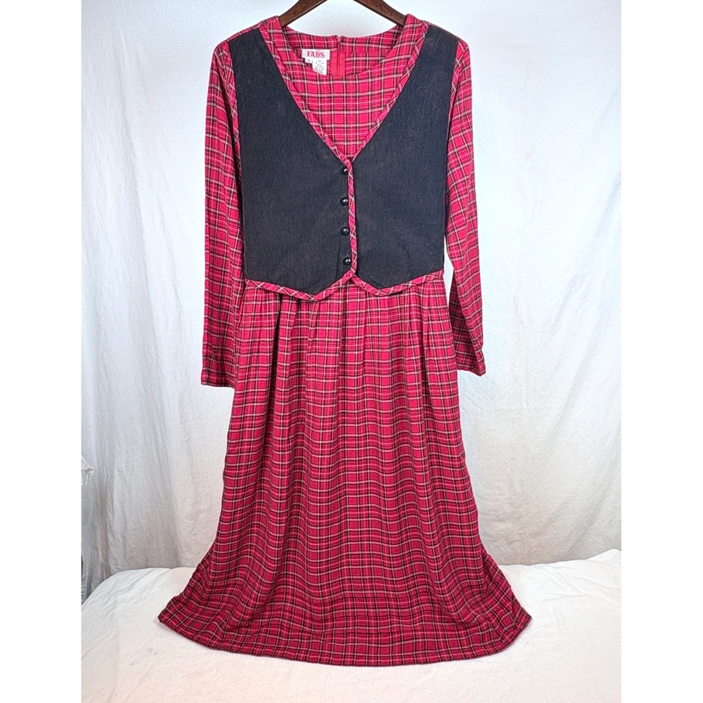 Vtg 80s Red Plaid Midi Dress Corduroy Vest Cottagecore Country Modest Women 14